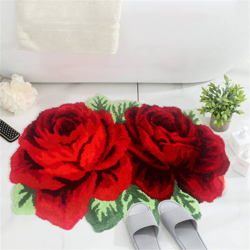 ABREEZE Red Rose Carpet Floral Mat Fluffy Rug Anti-Slip Modern Carpet Washable Rug for Bedroom/Sofa/Bathroom/Kitchen (2 Roses, Red) - Image 3